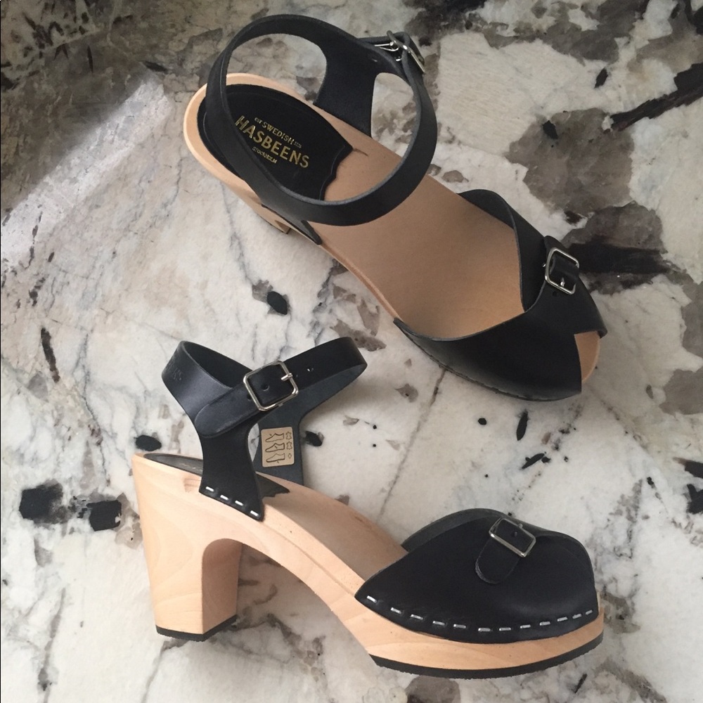 Swedish Hasbeens Pia Super High Peep toe clogs